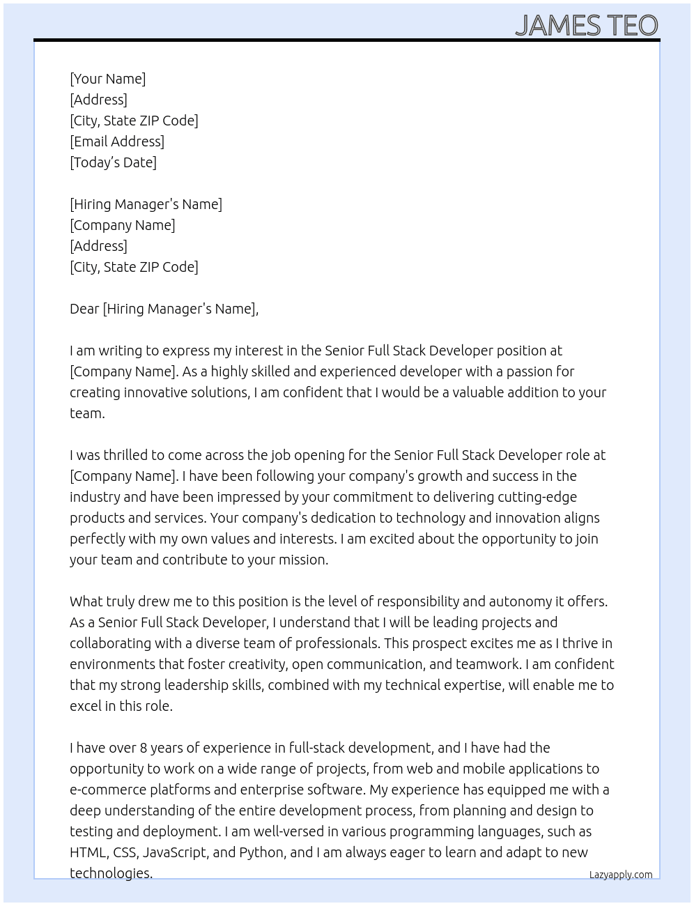 Senior Full Stack Developer At no Cover Letter
