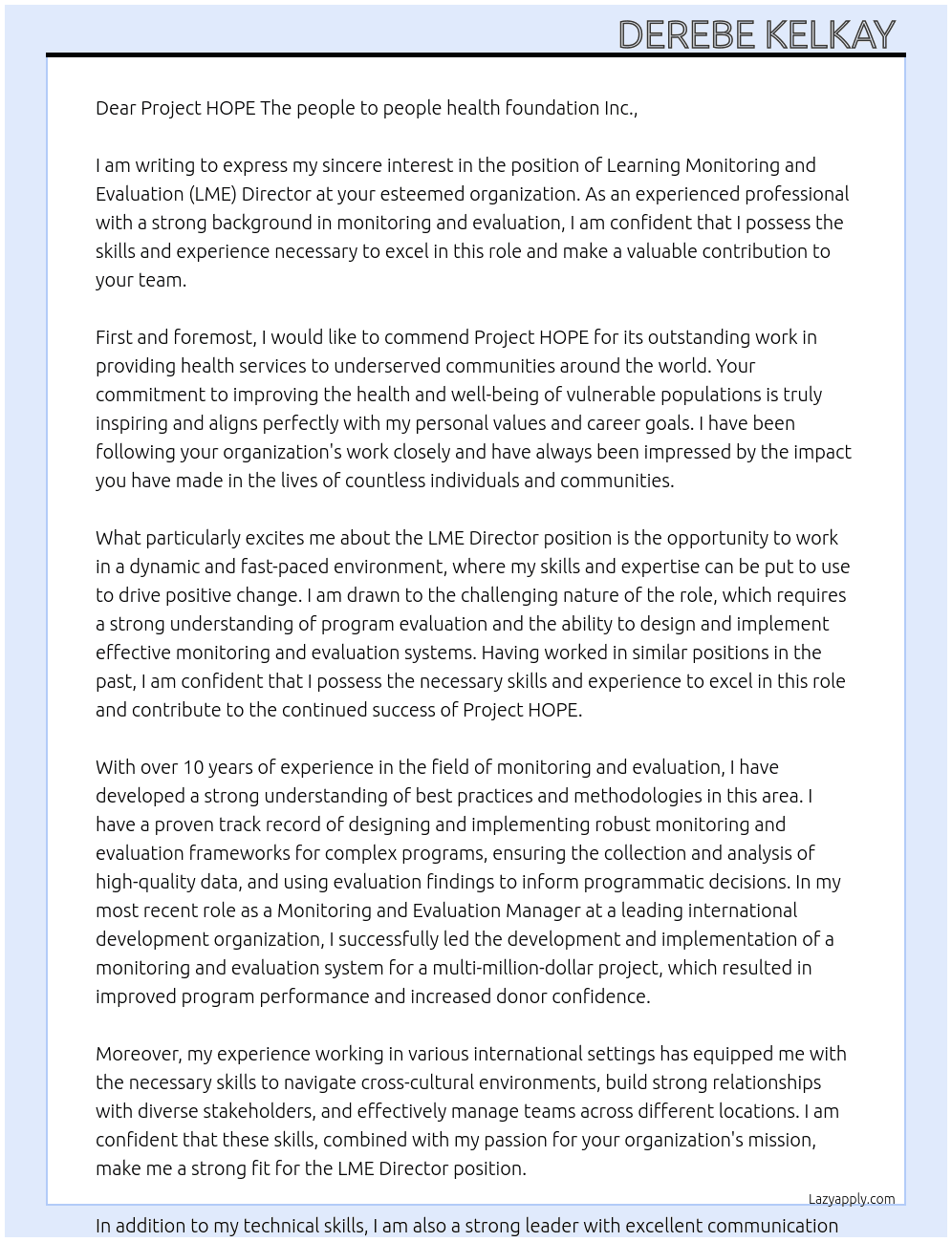 Learning Monitoring and Evaluation (LME) Director At Project HOPE The poeple to people health foundation Inc. Cover Letter