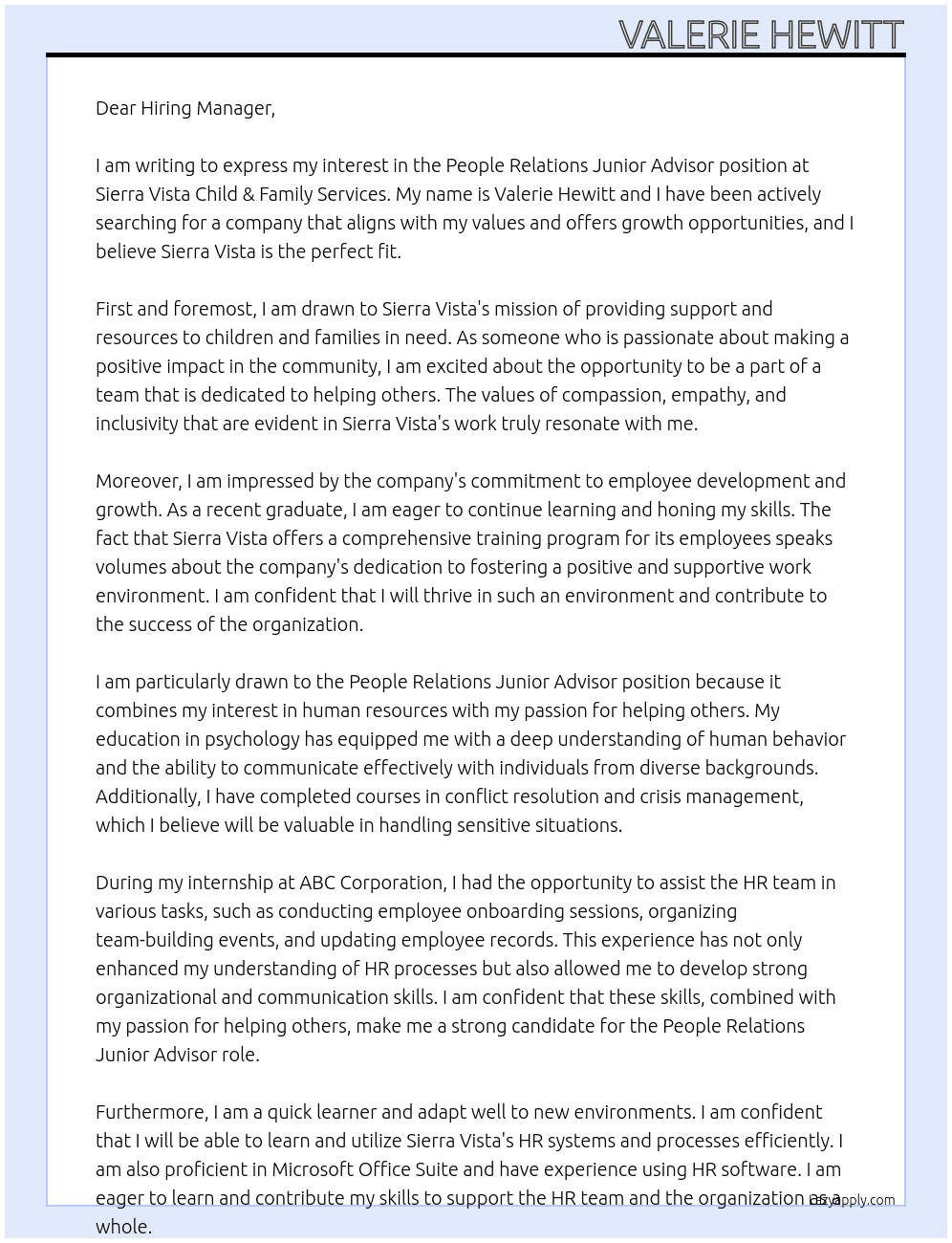 People Relations Junior Advisor At Sierra Vista Child & Family Services Cover Letter