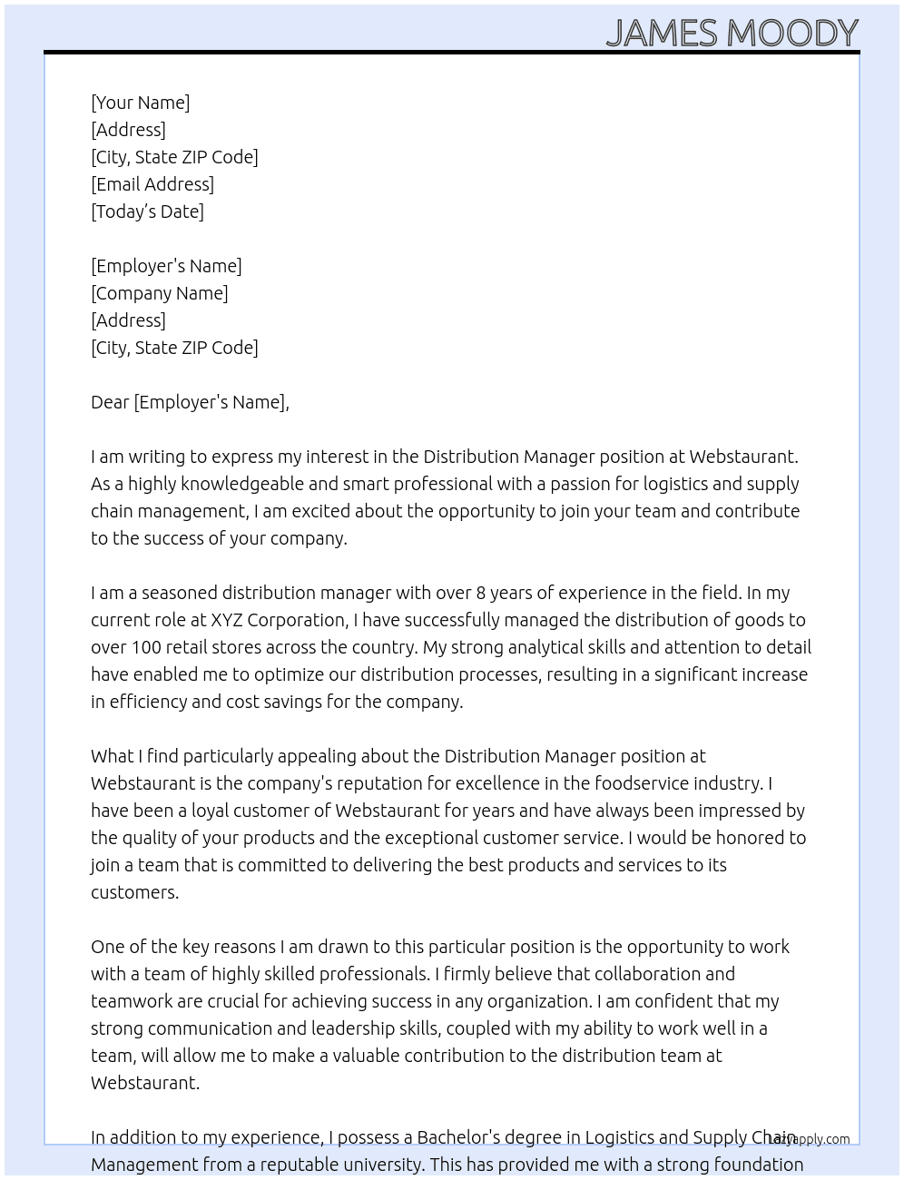 Distribution manager At Webstaurant Cover Letter