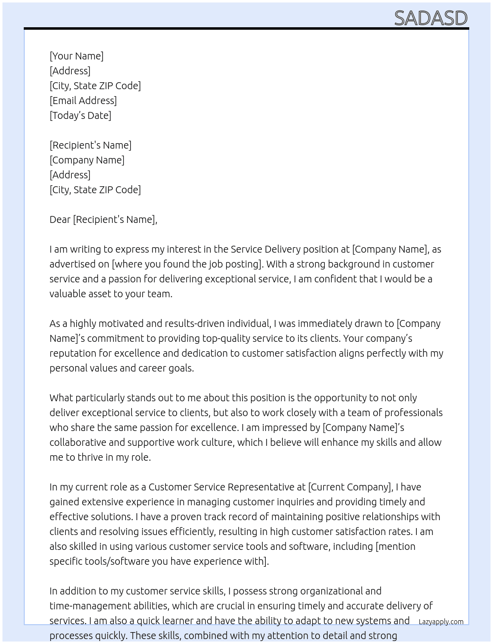 Service Delivery  At asdasd Cover Letter
