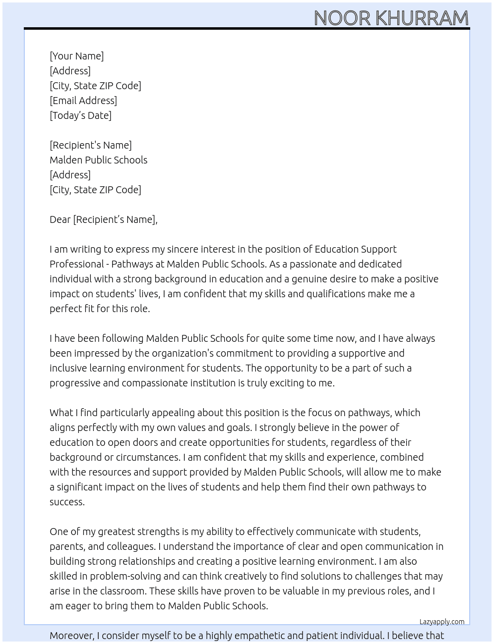 Education Support Professional - Pathways At Malden Public Schools Cover Letter