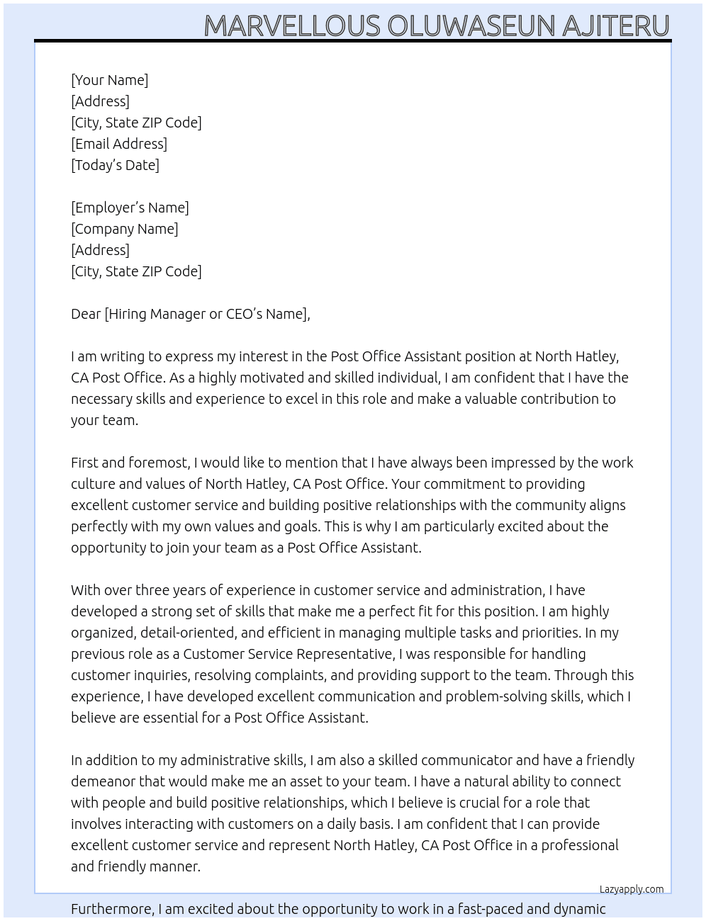 Post Office Assistant At North Hatley, CA Post Office  Cover Letter