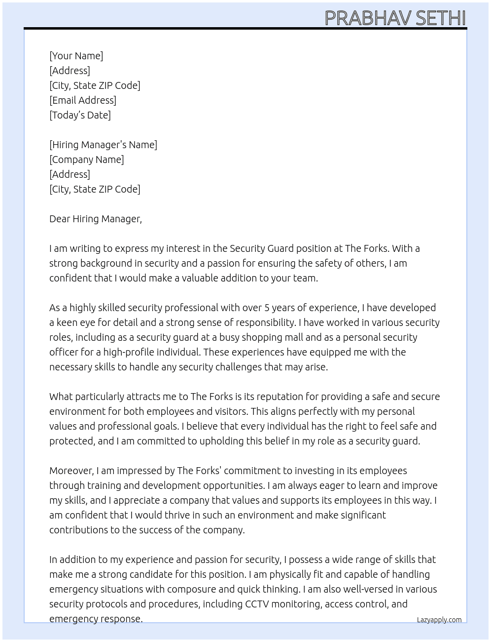 Security Guard At The Forks Cover Letter