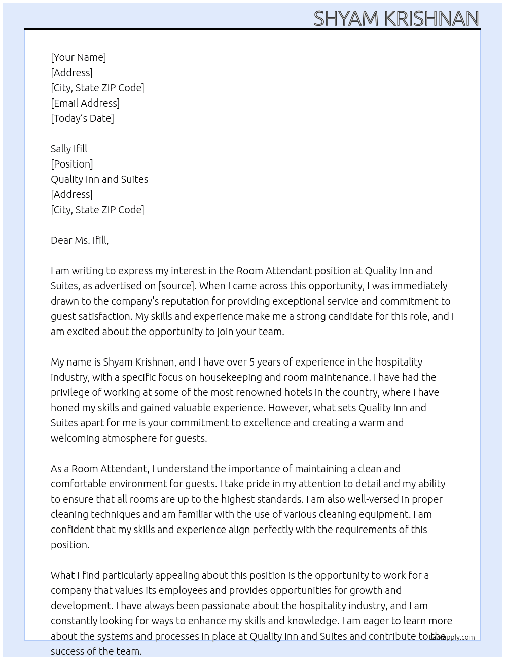 Room Attendant At Quality Inn and Suites Cover Letter