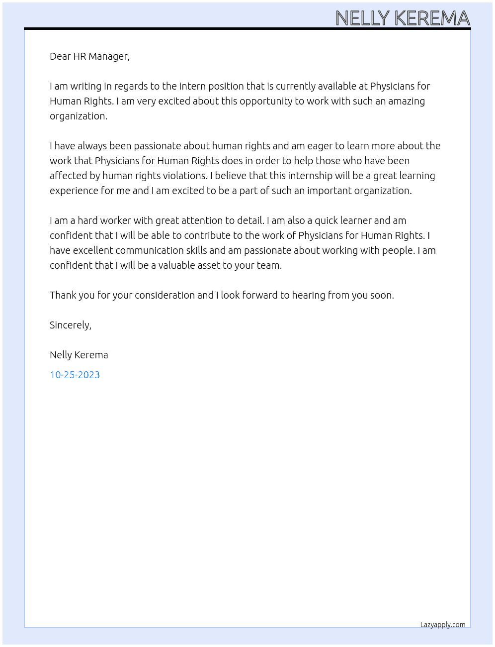 intern At Physicians for human Rights Cover Letter