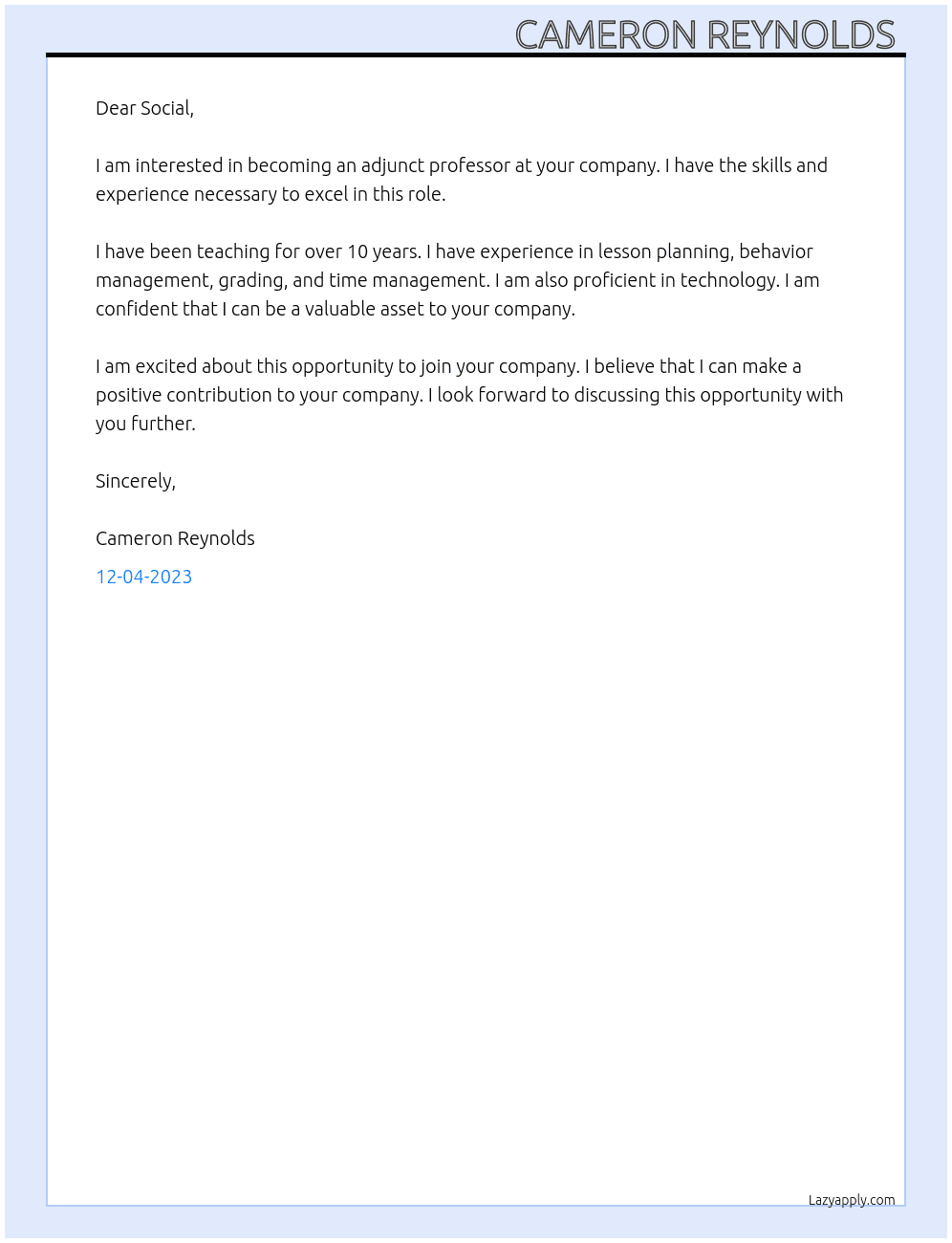 Adjunct professor  At Social  Cover Letter
