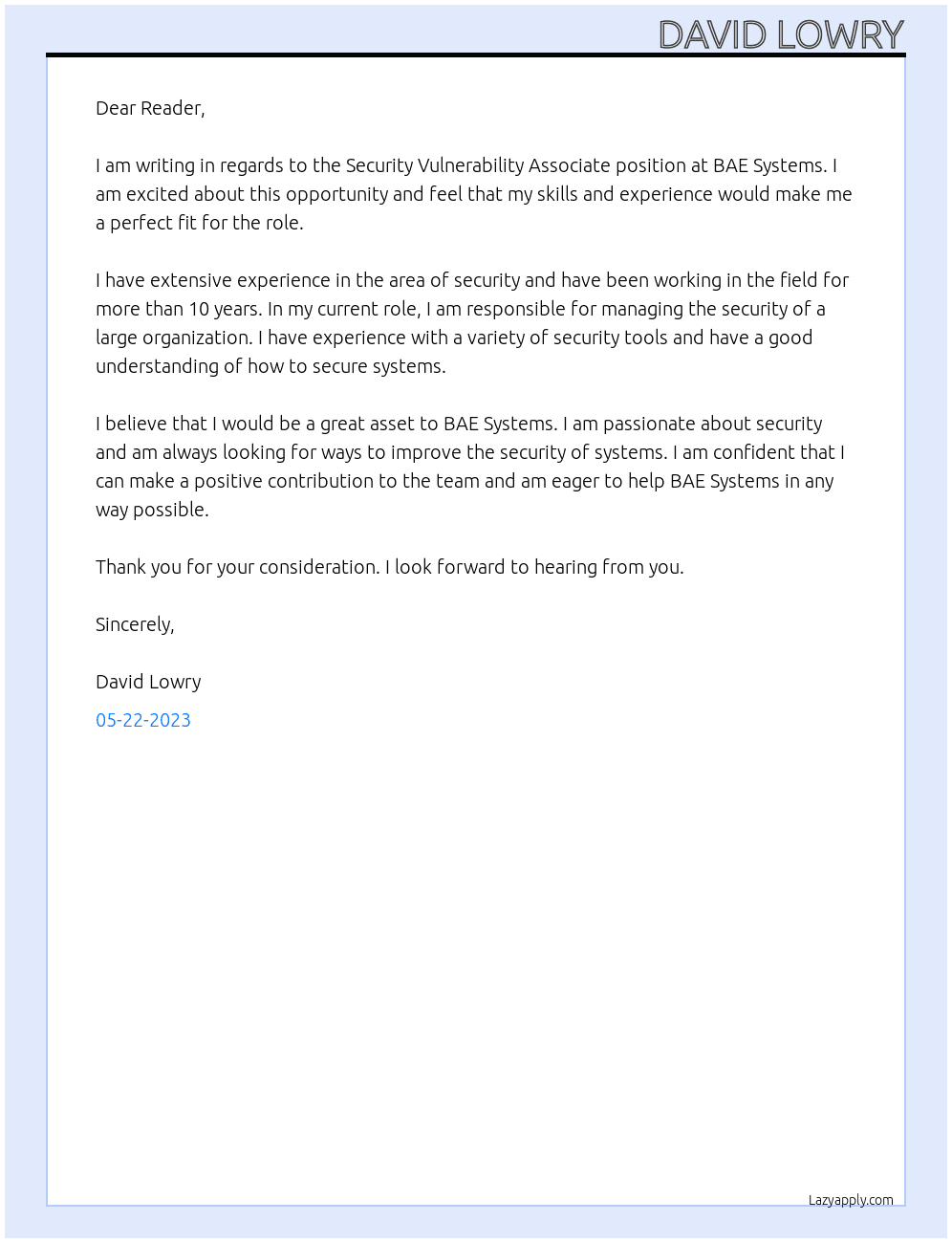 Security Vulnerability Associate At BAE SSYSTEMS Cover Letter