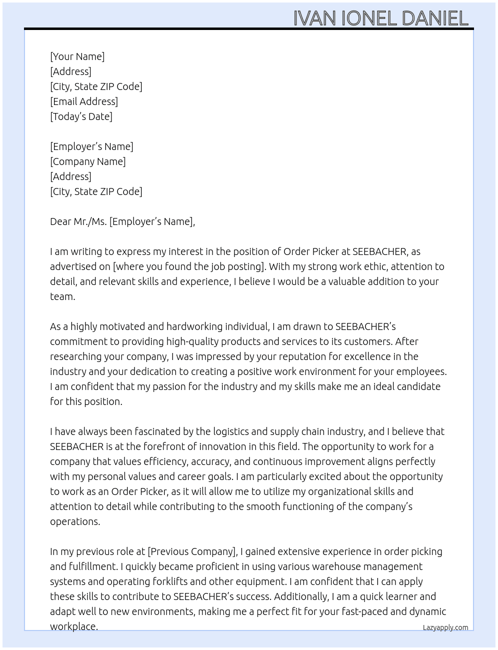 order picker At SEEBACHER Cover Letter