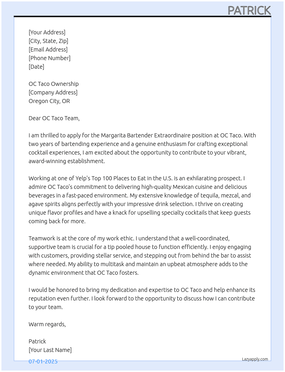 Margarita Bartender Extraordinaire At OC Taco Cover Letter