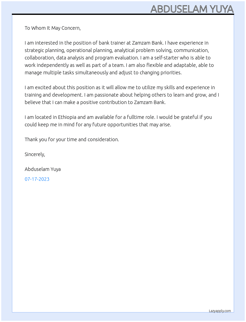 bank trainer At Zamzam Bank Cover Letter