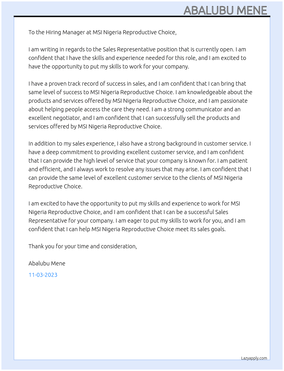 Sales Representative  At MSI Nigeria Reproductive Choice Cover Letter