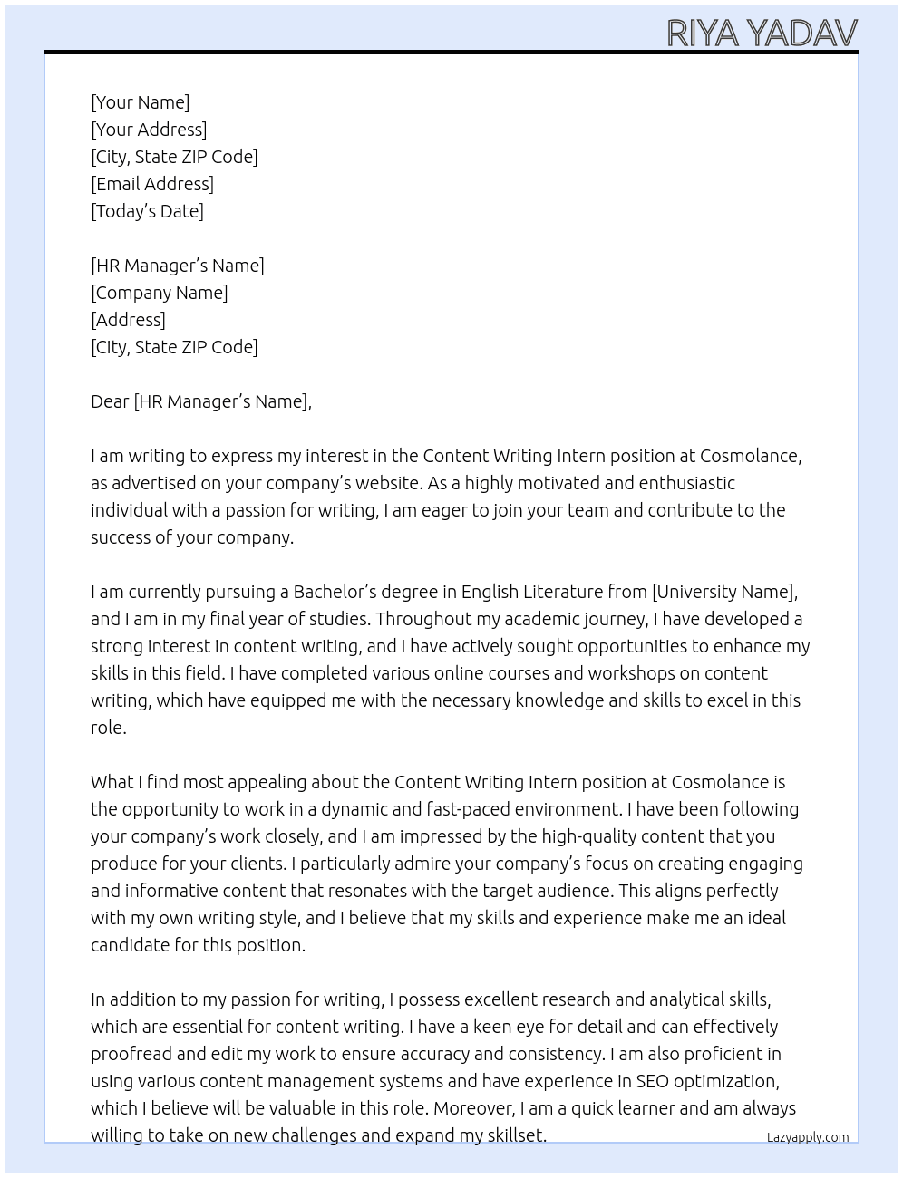 Content writing intern At Cosmolance  Cover Letter