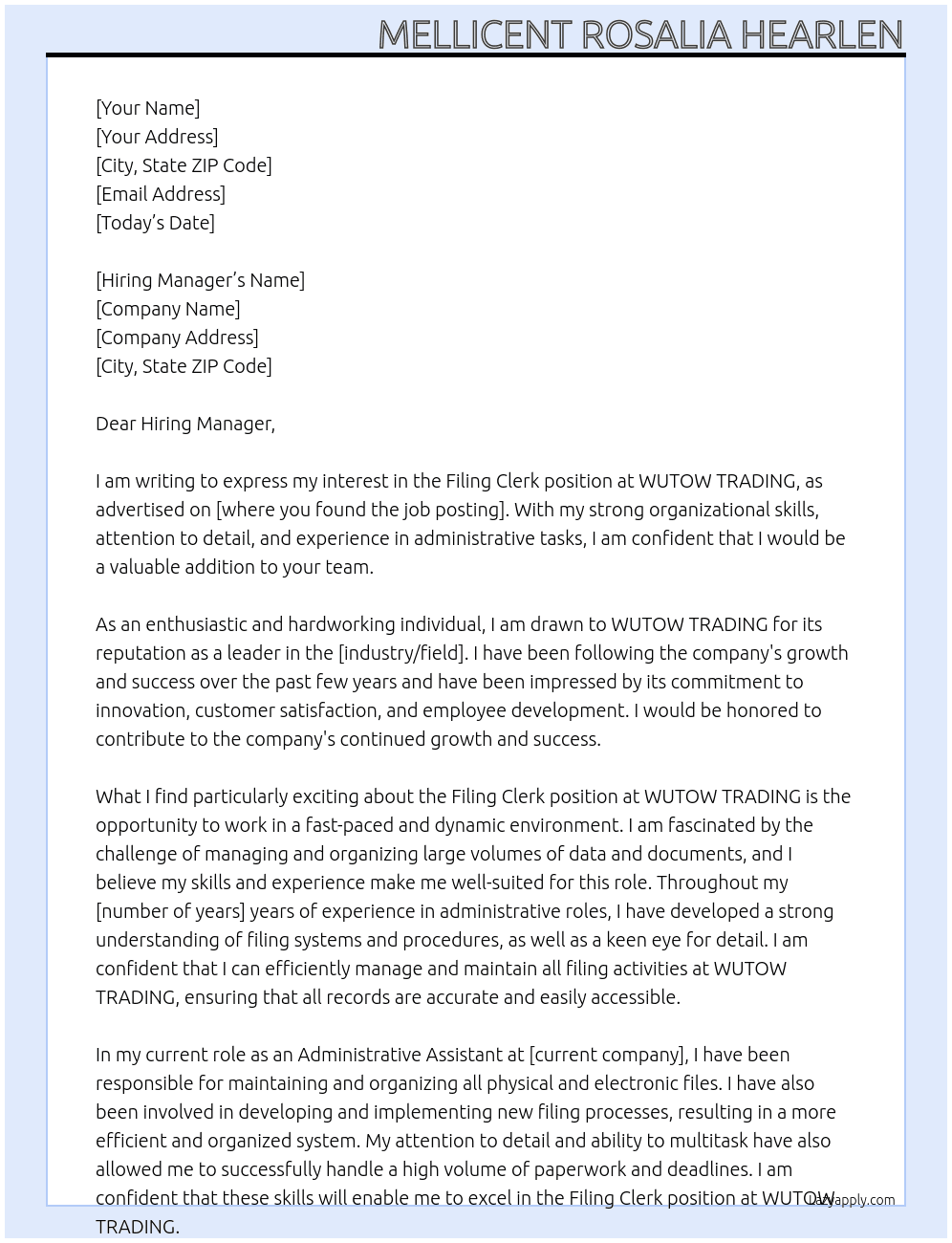 FILING CLERK At WUTOW TRADING  Cover Letter
