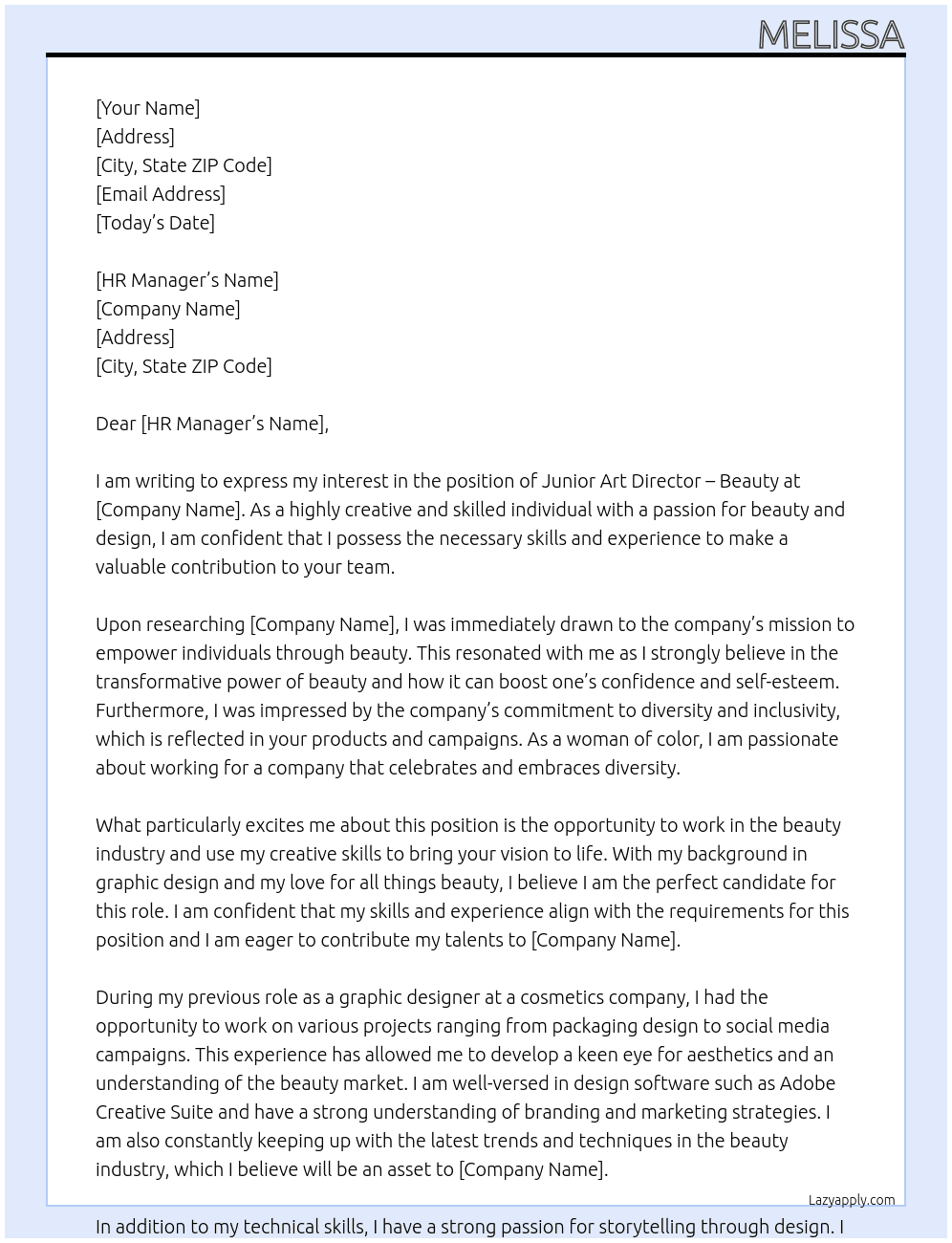 Junior Art Director - Beauty At Beauty Company Cover Letter