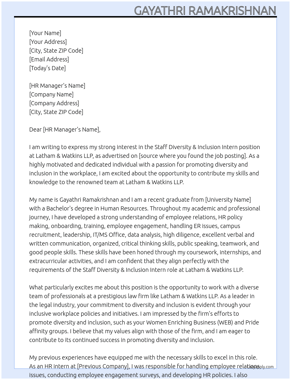 Staff Diversity & Inclusion Intern - UK At Latham & Watkins LLP Cover Letter