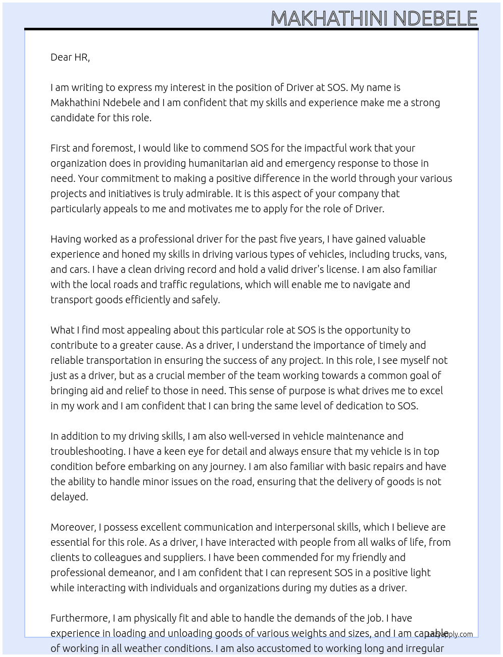 Driver At SOS Cover Letter