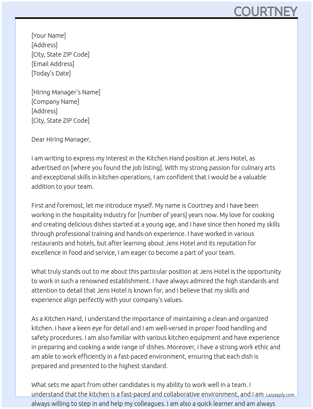 Kitchen Hand At Jens Hotel Cover Letter