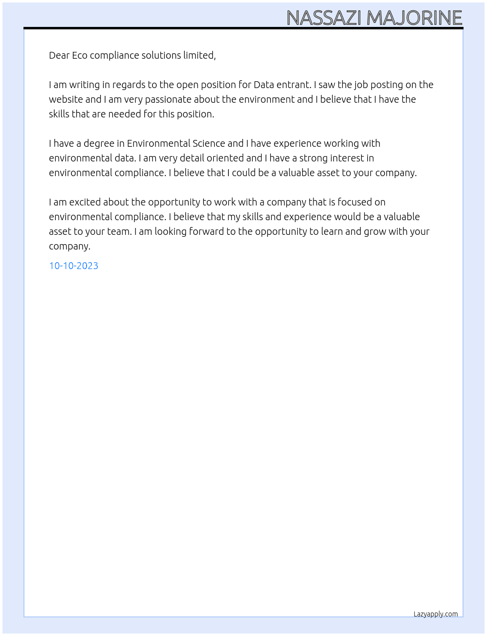 Data entrant At Eco compliance solutions limited Cover Letter