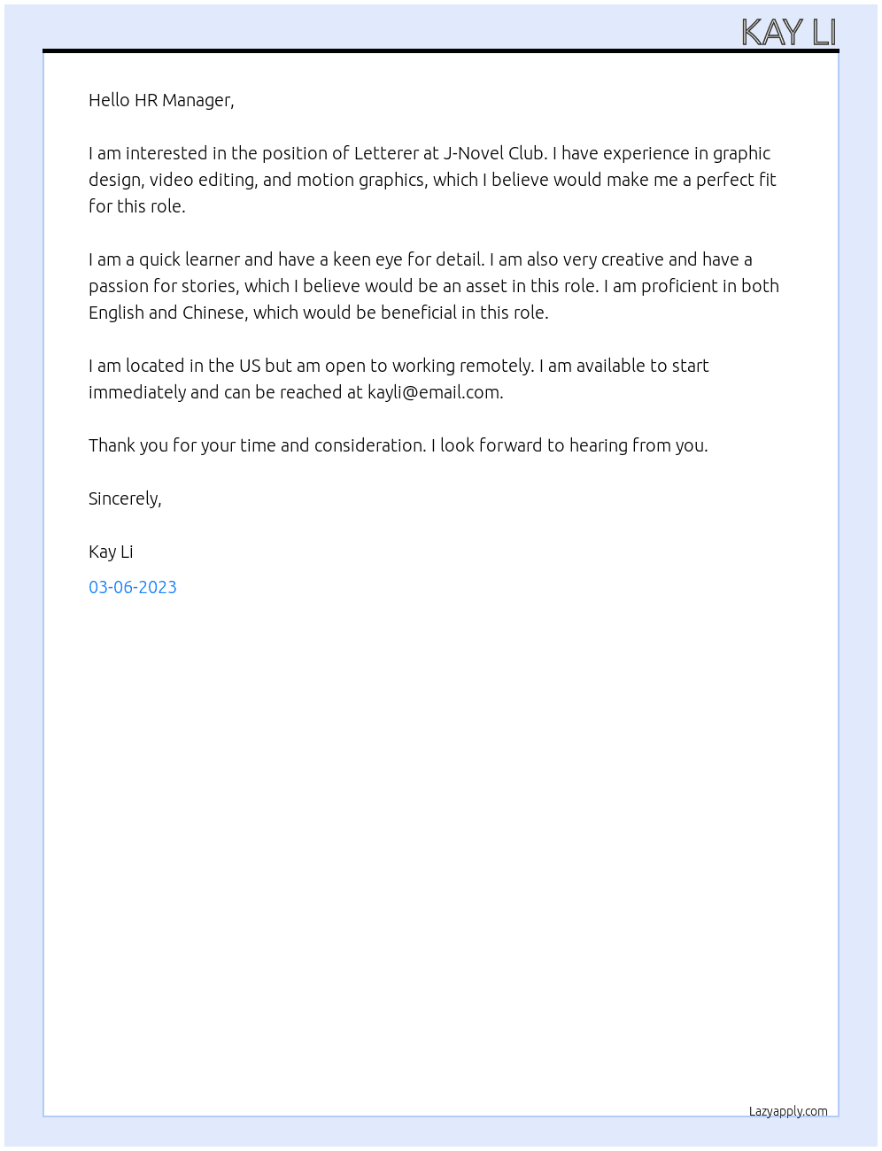 Letterer At J-Novel Club Cover Letter