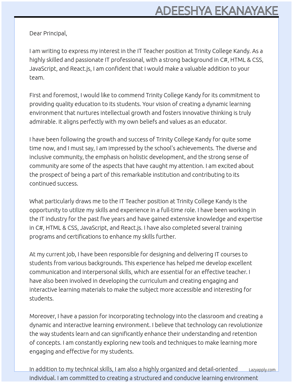 IT Teacher At Trinity College Kandy Cover Letter