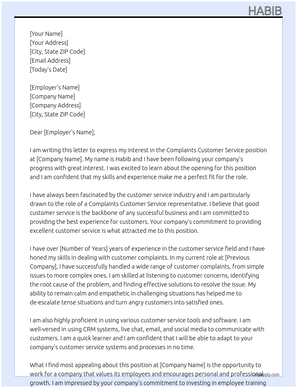 Complaints customer service  At Insert company name  Cover Letter