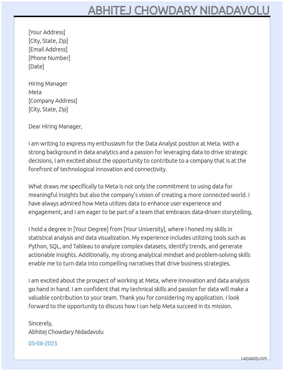 data analyst At meta Cover Letter