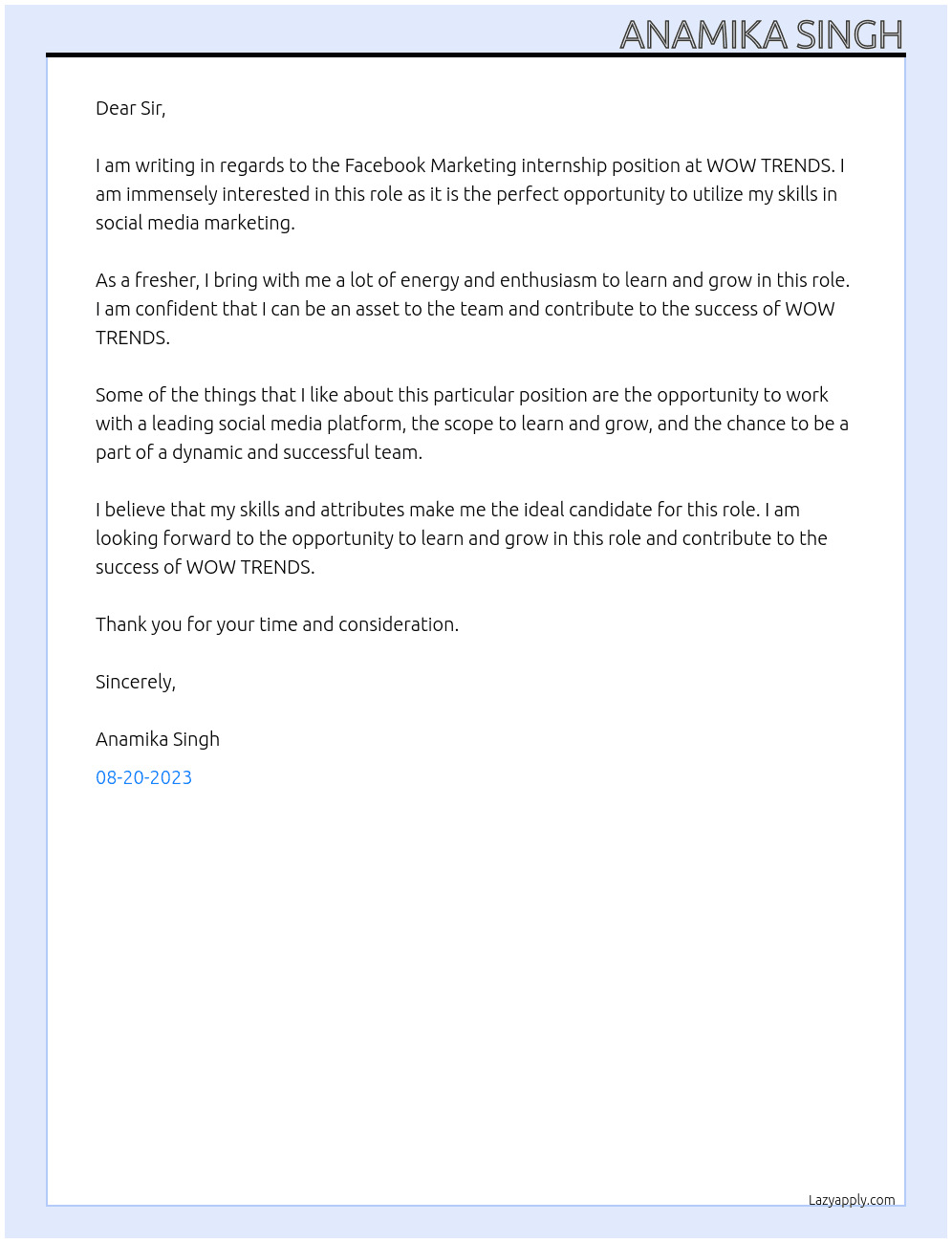 Facebook Marketing (Media Buyer) internship At WOW TRENDS Cover Letter