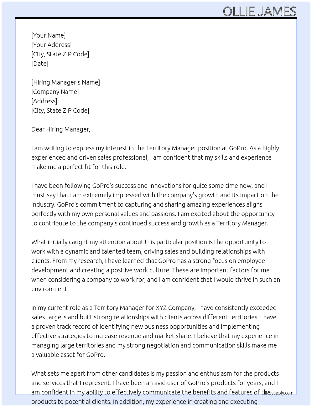 Territory Manager At GoPro Cover Letter