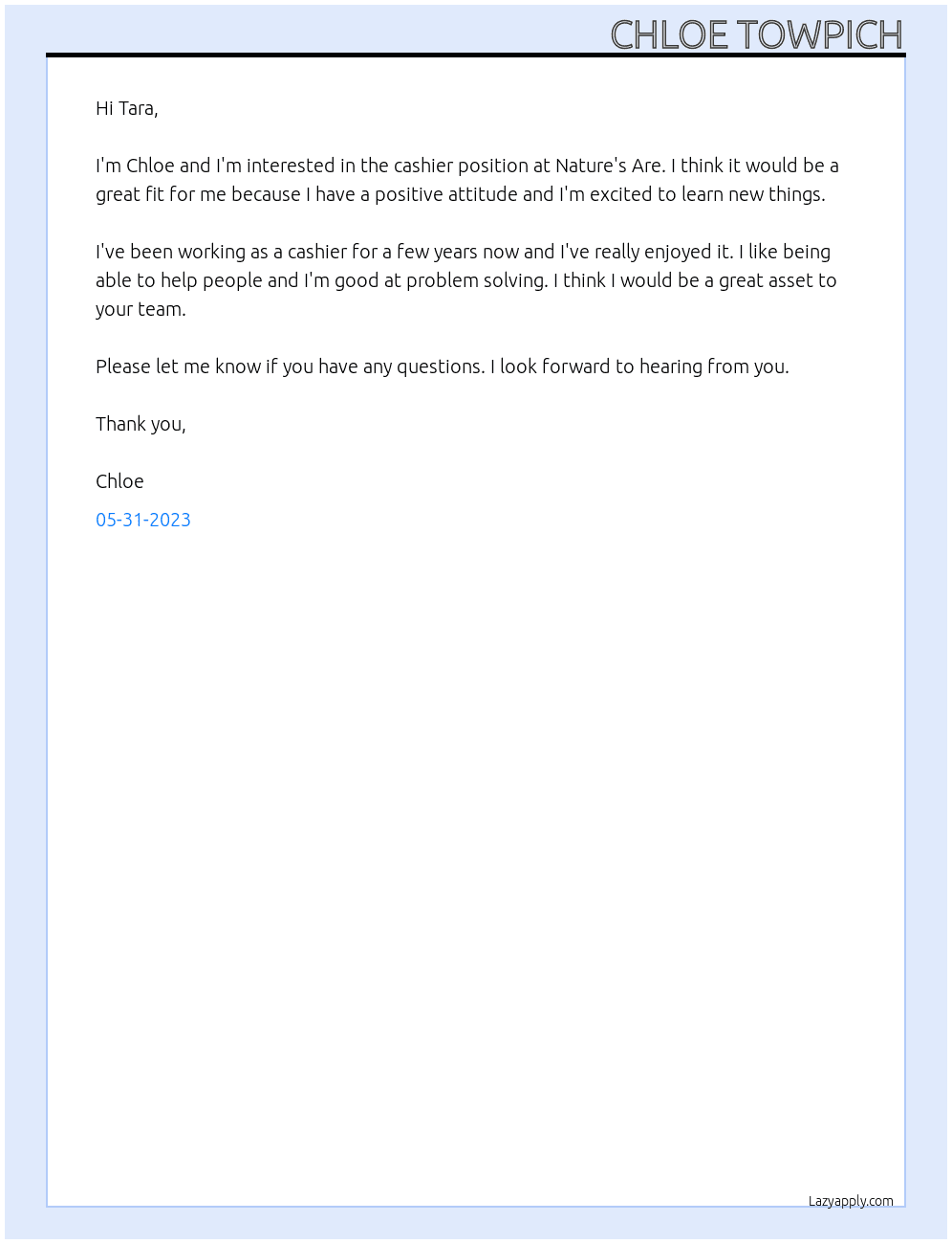 Casheir At Nature's Are Cover Letter