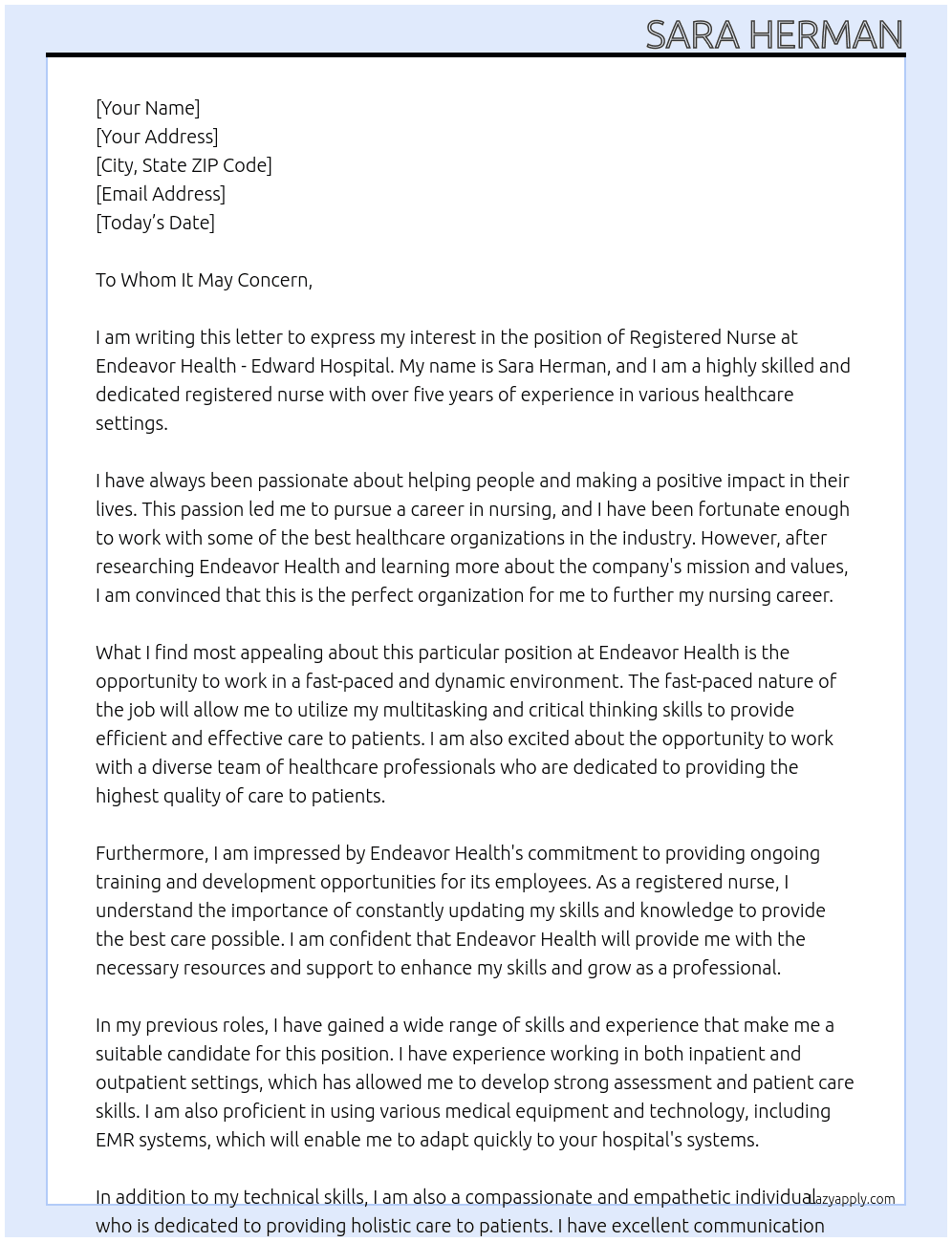 Registered Nurse At Endeavor Health - Edward Hospital Cover Letter