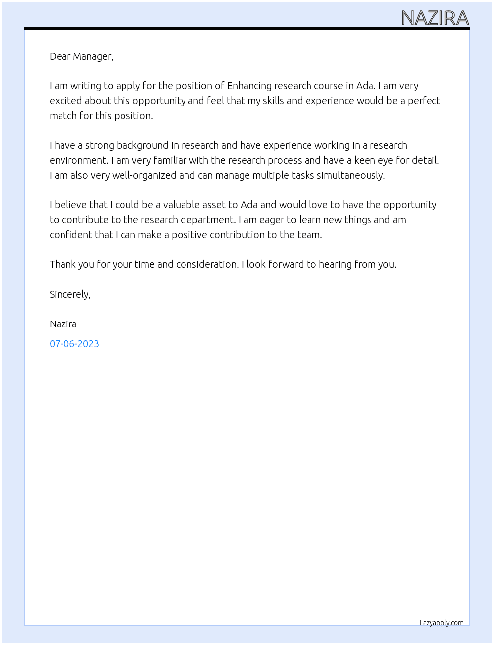 Enhancing research course At Ada Cover Letter