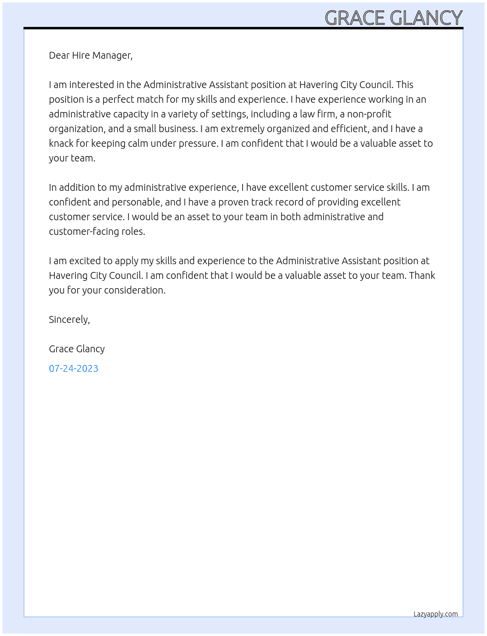 Administrative assistant  At Havering city council Cover Letter