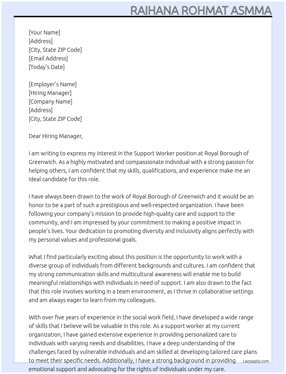 support worker At Royal Borough of Greenwich Cover Letter