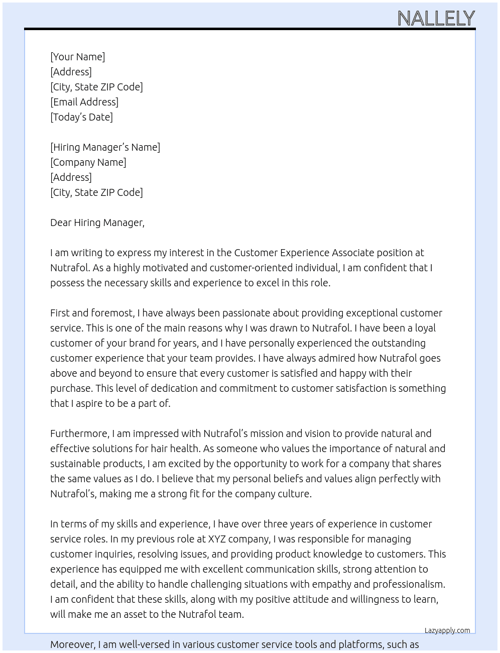 Customer Experience Associate At Nutrafol Cover Letter