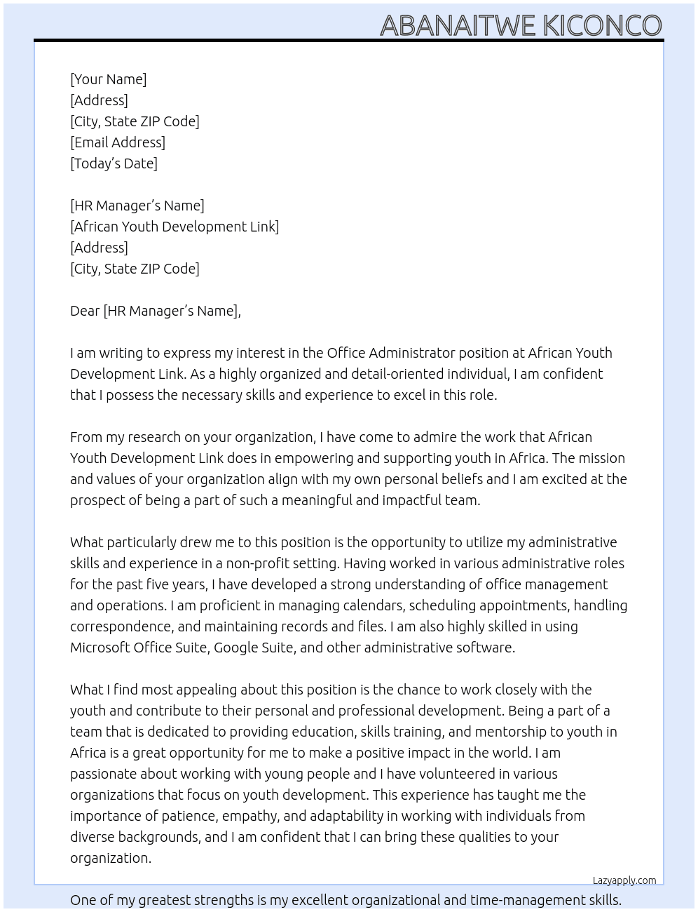 office administrator At AFRICAN YOUTH DEVELOPMENT LINK Cover Letter