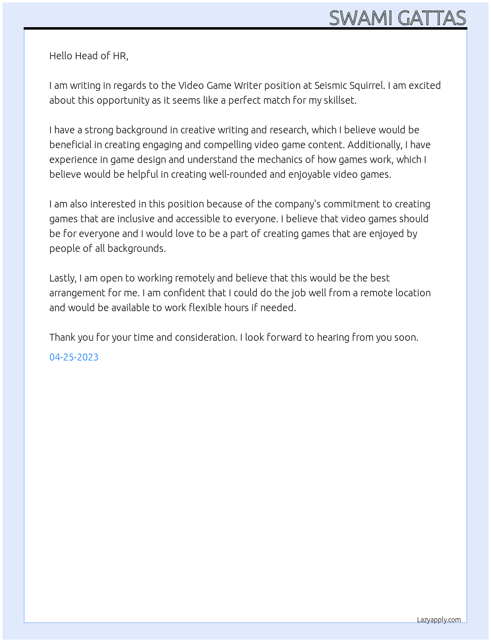 Video Game Writer At Seismic Squirrel Cover Letter