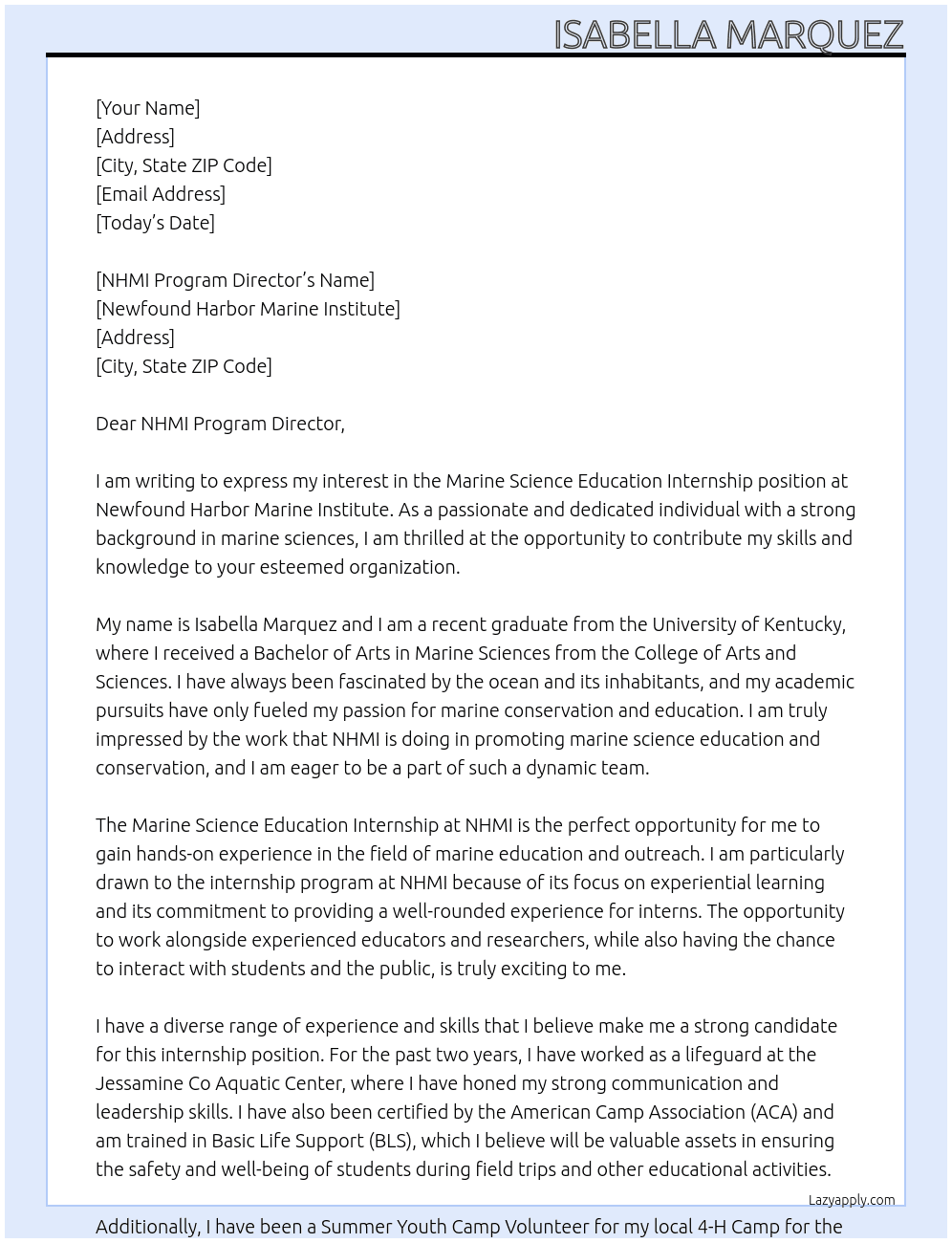 Cover letter for marine science education internship - LazyApply