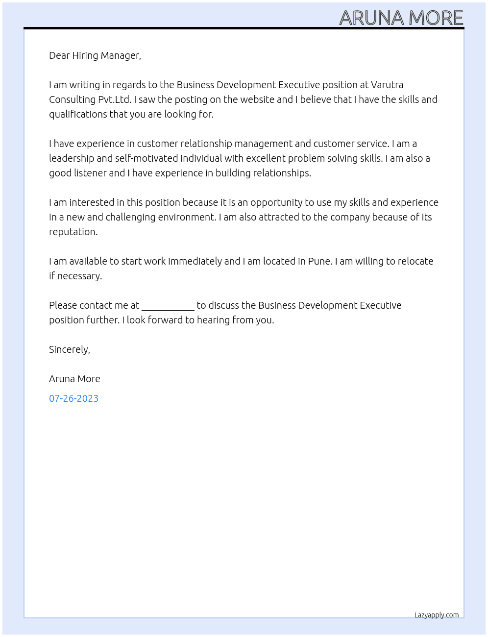 Business Development Executive At Varutra Consulting Pvt.Ltd. Cover Letter