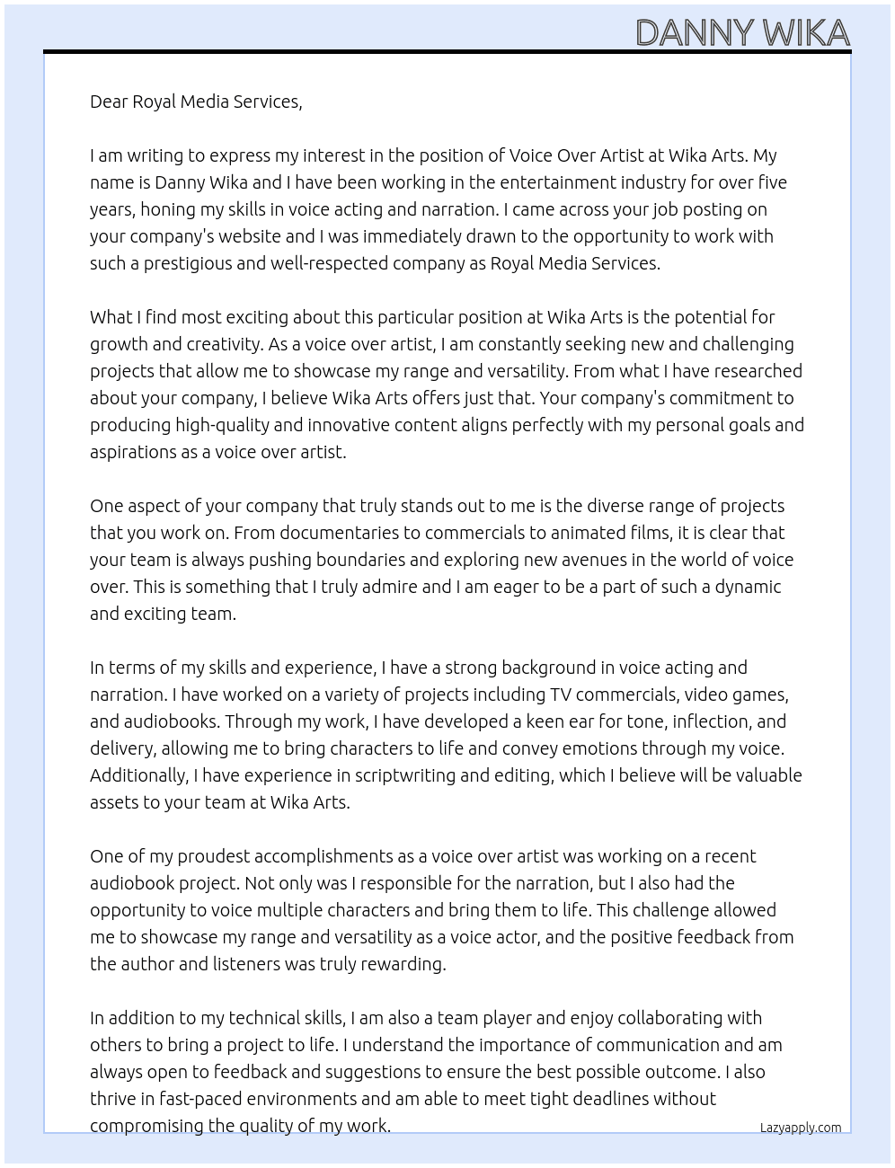 VOICE OVER ARTIST At WIKA ARTS Cover Letter
