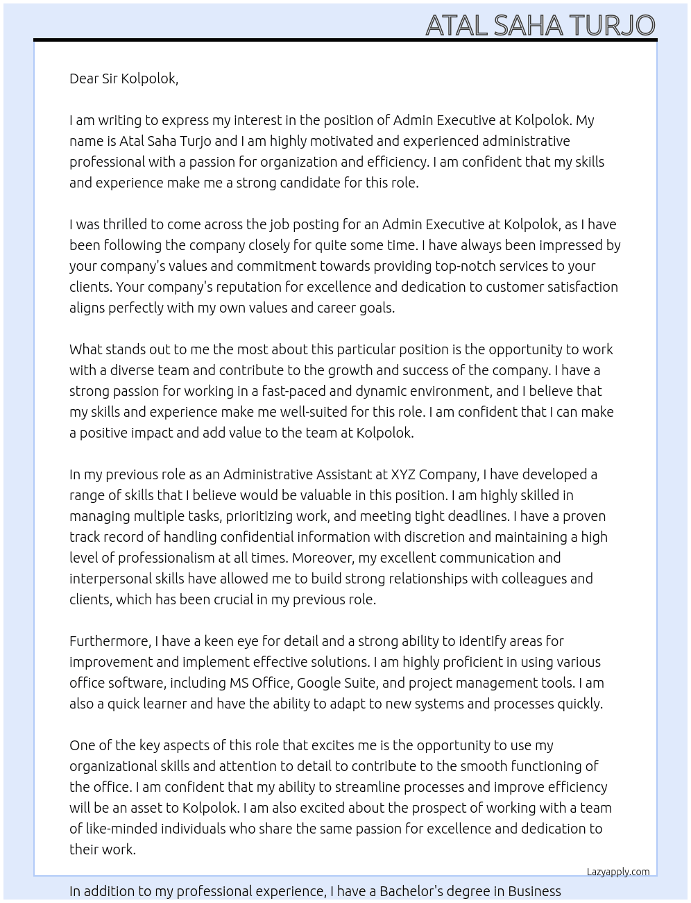 Admin Executive At Kolpolok Cover Letter