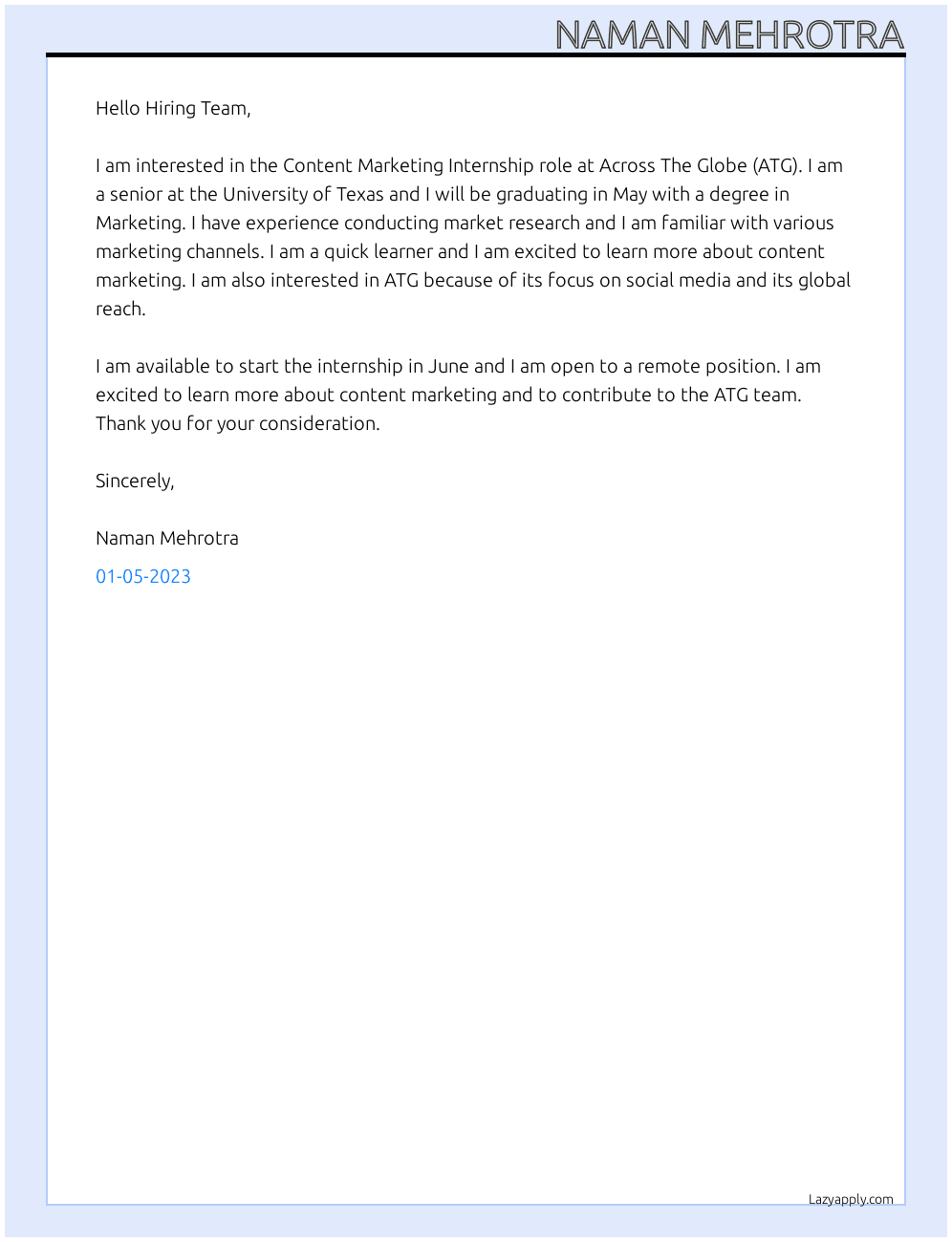 Content Marketing  At Across The Globe (ATG) Cover Letter