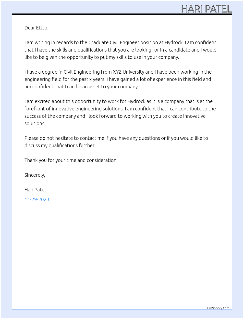 Graduate Civil Engineer At Hydrock Cover Letter