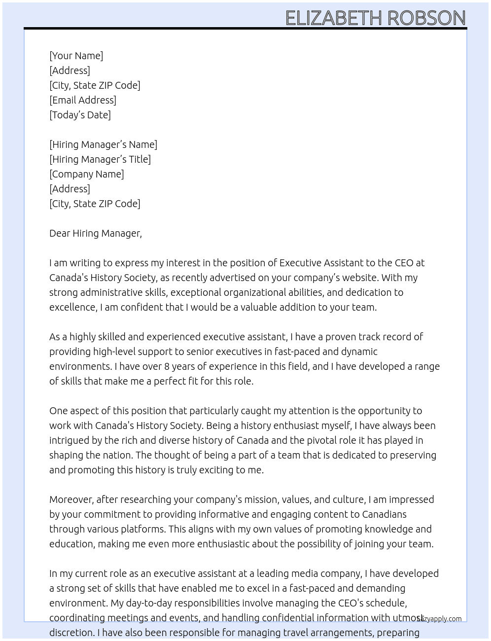 Executive Assistant to CEO At Canada's History Society  Cover Letter