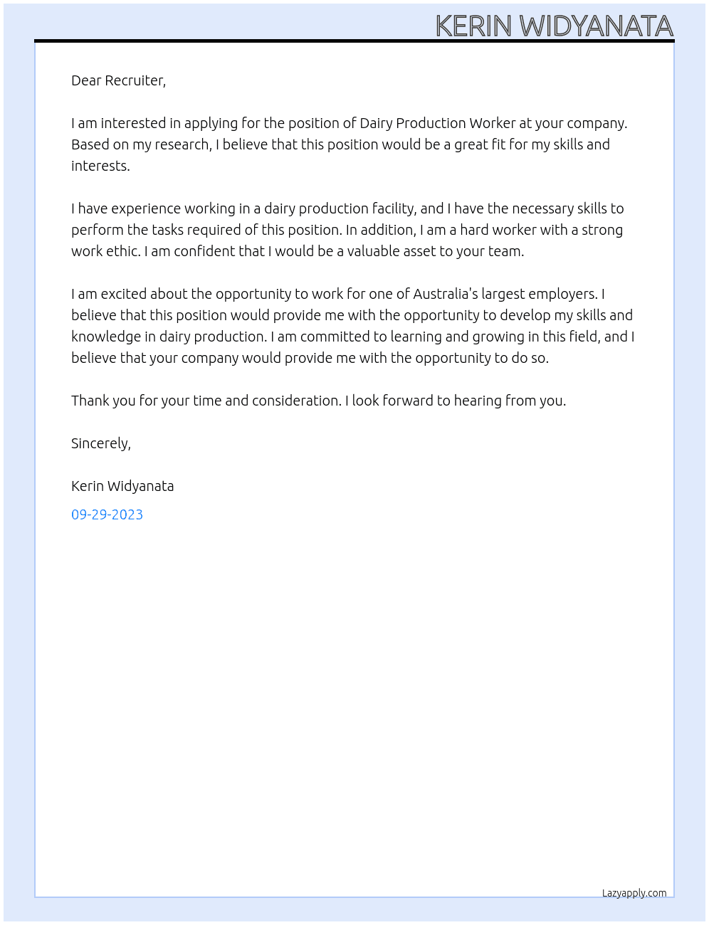 Dairy Production Workers At one of Australia's largest employers Cover Letter