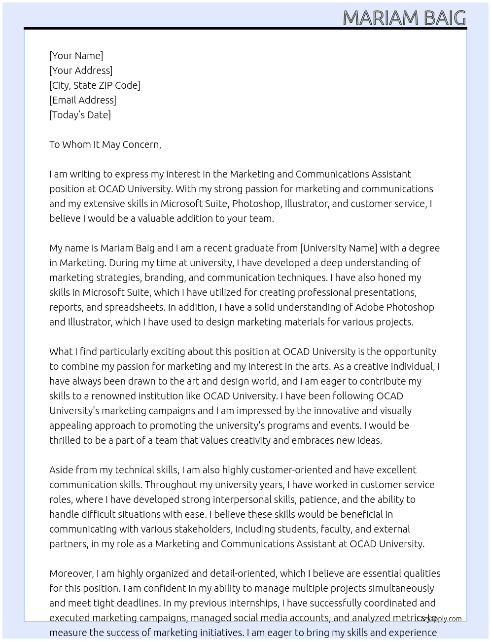 Marketing and Communications Assistant At OCAD University Cover Letter