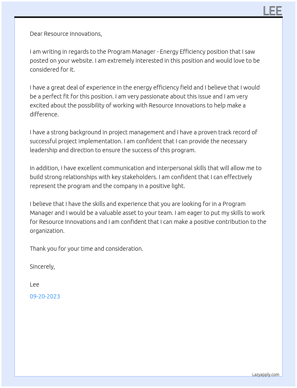 Program Manager - Energy Efficiency At Resource Innovations Cover Letter