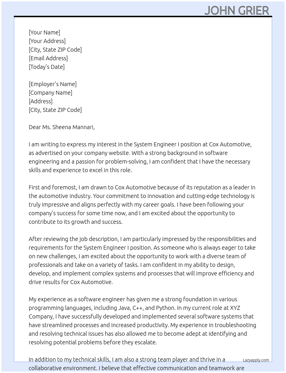 System Engineer I At Cox Automotive  Cover Letter