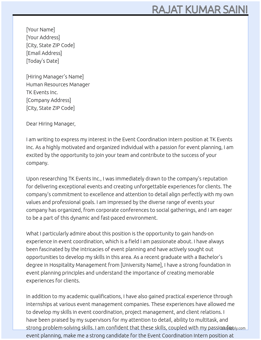 Event coordination Intern At TK Events Inc Cover Letter