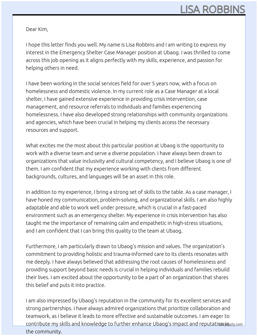 Emergency Shelter Case Manager  At Ubaog Cover Letter